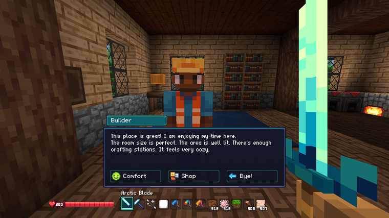 Talking to the Builder NPC inside a lit wooden room, with Comfort, Shop and Bye dialogue options