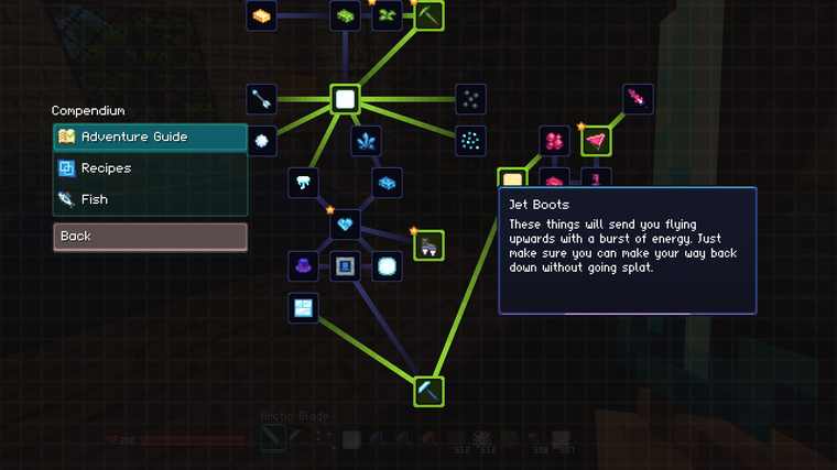 The Compendium screen showing the Adventure Guide node tree with a Jet Boots tooltip